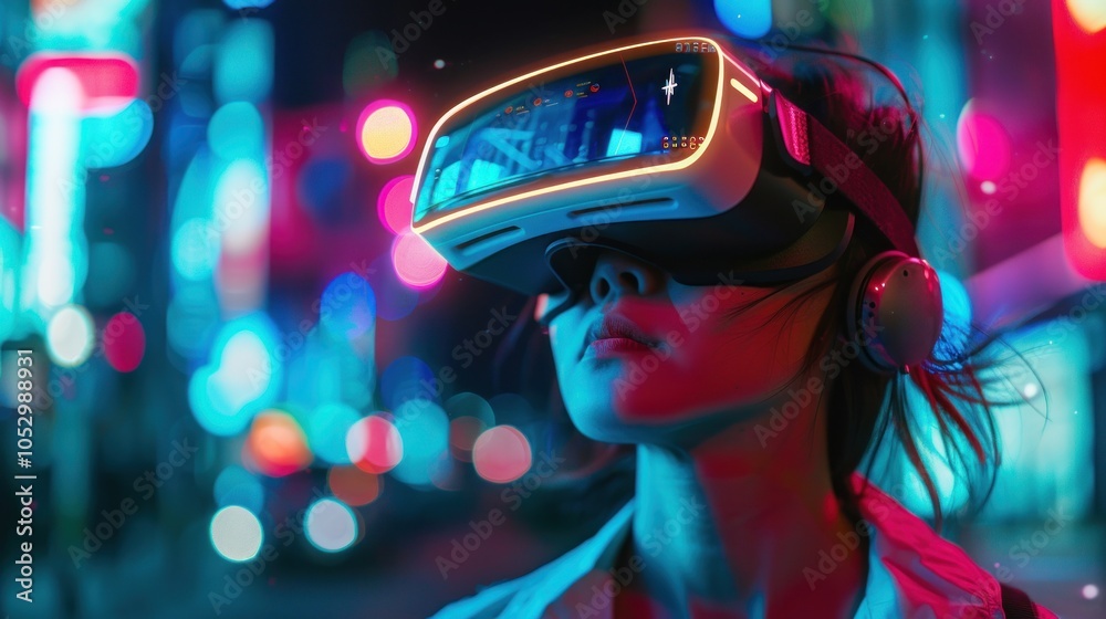 A person using virtual reality with neon lights and digital effects in the background. A person using virtual reality with neon lights and digital effects in the background.