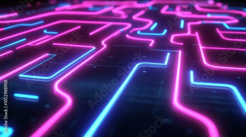 Striking visual features neon pink and blue lines intersecting on glossy black surfaces, symbolizing high-speed flow of data in digital network, illustrating advanced aspects of modern technology.