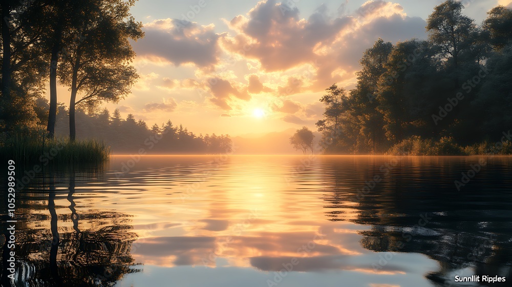 A serene sunrise over a tranquil lake with fog rising from the water and trees on either side of the frame. A serene sunrise over a tranquil lake with fog rising from the water and trees on either side of the frame.