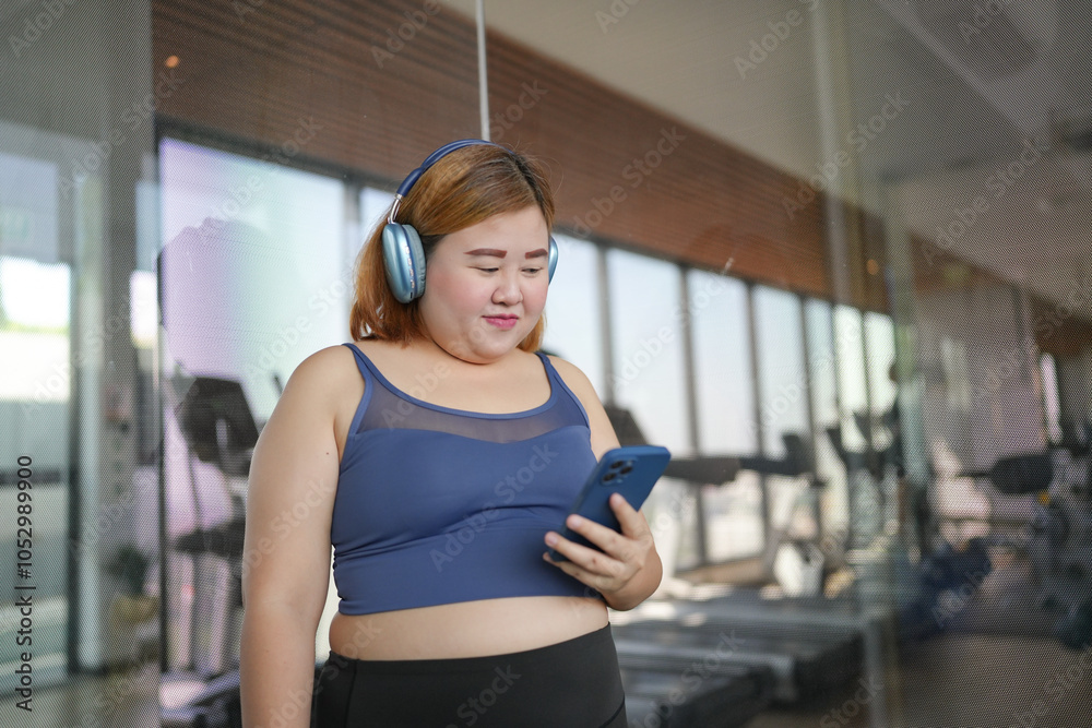 Fototapeta premium Obese asian woman Enjoy listening to music. Fat Female with headphones smart phone after workout at Gym