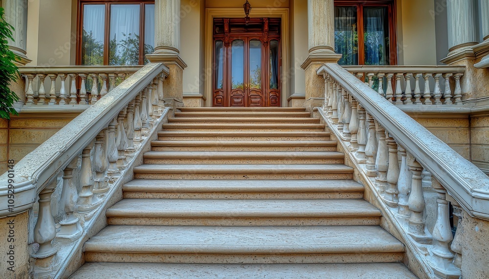 Obraz premium A grand staircase leading to an elegant entrance, showcasing architectural details and inviting ambiance.
