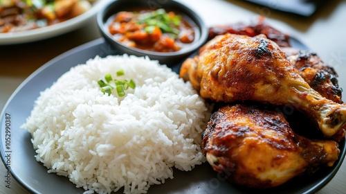 Traditional Malaysian Meal with White Rice, Aromatic Curry, Sambal Belacan, and Fresh Vegetables on a Dinner Plate - A Flavorful and Colorful Dining Experience photo