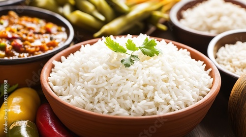 Traditional Malaysian Meal with White Rice, Aromatic Curry, Sambal Belacan, and Fresh Vegetables on a Dinner Plate - A Flavorful and Colorful Dining Experience