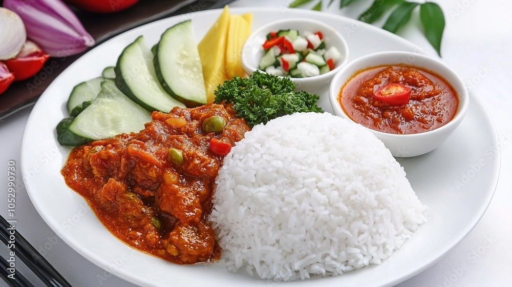 Traditional Malaysian Meal with White Rice, Aromatic Curry, Sambal Belacan, and Fresh Vegetables on a Dinner Plate - A Flavorful and Colorful Dining Experience