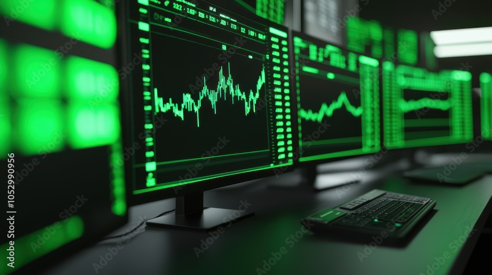 Fototapeta premium A modern trading setup displays multiple monitors with green financial charts and data, reflecting market trends and analytics in a tech-savvy environment.