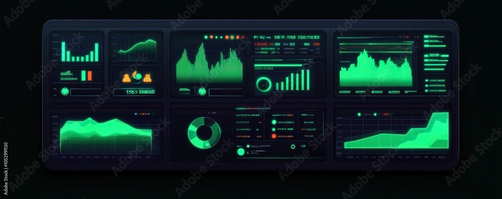 A futuristic digital dashboard displaying various graphs and metrics in green tones, ideal for data analysis and monitoring. A futuristic digital dashboard displaying various graphs and metrics in green tones, ideal for data analysis and monitoring.
