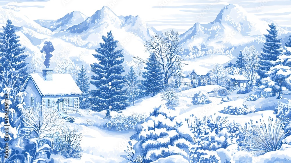 Fototapeta premium Tranquil Winter Landscape with Snow-Covered Pine Trees and a Cozy House, Featuring Mountains in the Distance and Frosted Plants in the Foreground Against a Crisp, Blue Sky