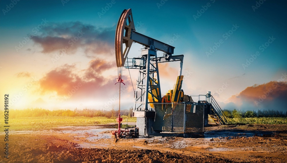 Oil drilling derrick pumps oil from ground. Petroleum industry, crude oil extraction. Production of fuel from natural resources. Oil drilling derrick pumps oil from ground. Petroleum industry, crude oil extraction. Production of fuel from natural resources.
