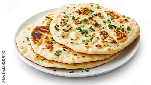 Freshly Baked Naan Bread with Parsley on White Plate