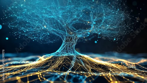A blue and gold digital tree stands against a dark blue background, representing the interconnectedness of data and information