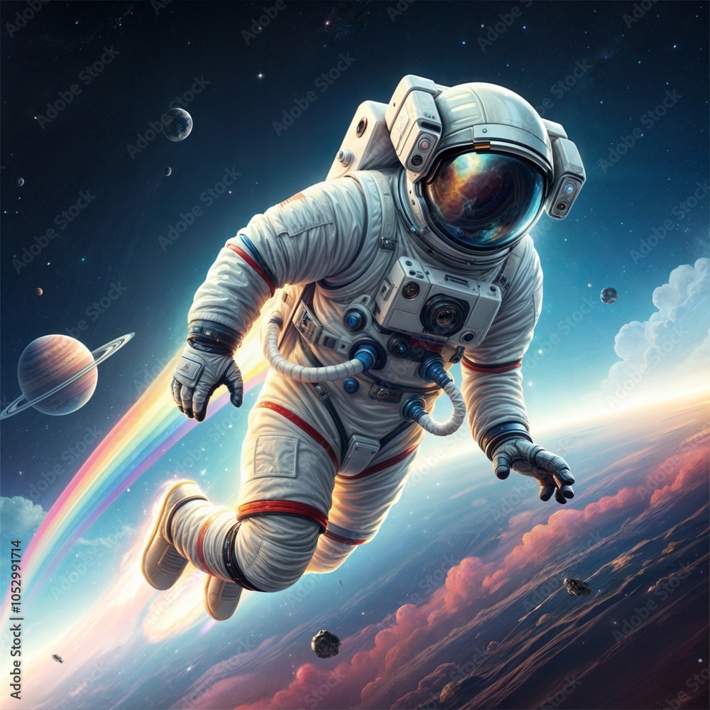 Fototapeta premium An astronaut in outer space template design. An astronaut in a spacesuit is outside the spacecraft.
