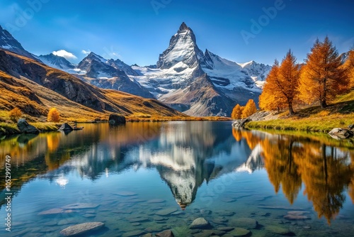 Matterhorn & Weisshorn Reflection in Riffelsee Lake, Swiss Alps photo