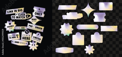 Sticker hologram emblem holographic label set. color neon stickers,Holographic label with tags. Social Media Set Sticker Vector.