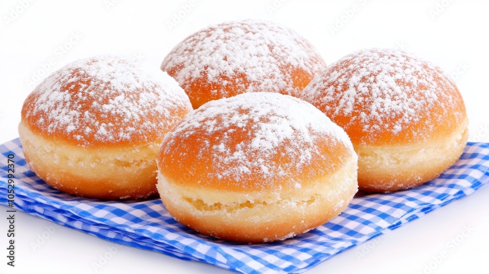 Delicious Powdered Sugar Donuts on Blue Gingham Napkin Delicious Powdered Sugar Donuts on Blue Gingham Napkin