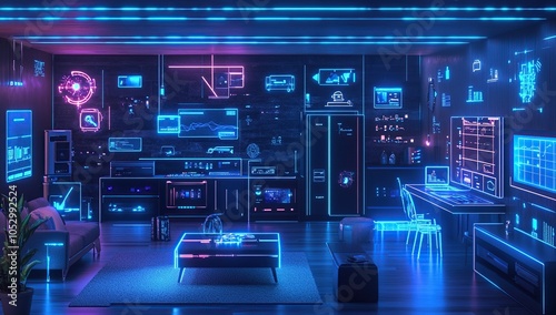 Wallpaper Mural A futuristic living room with a holographic display of data and icons, showing the potential of smart homes. Torontodigital.ca