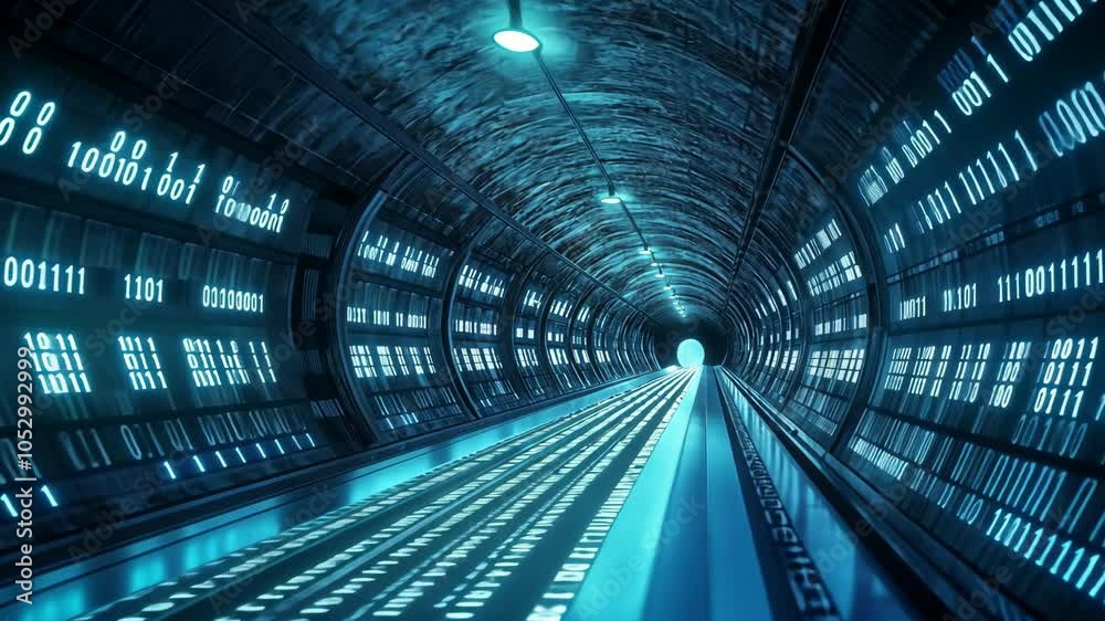 A futuristic tunnel lined with glowing binary code, leading to a bright light at the end