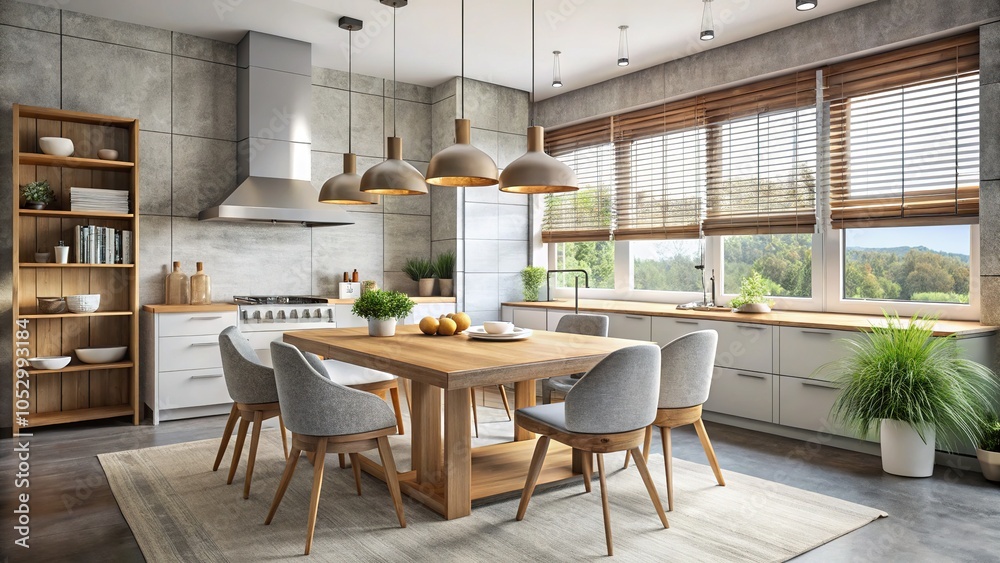 custom made wallpaper toronto digitalModern Kitchen Interior Design with White Cabinets, Concrete Table and Pendant Lights