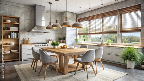 Wallpaper Mural Modern Kitchen Interior Design with White Cabinets, Concrete Table and Pendant Lights Torontodigital.ca