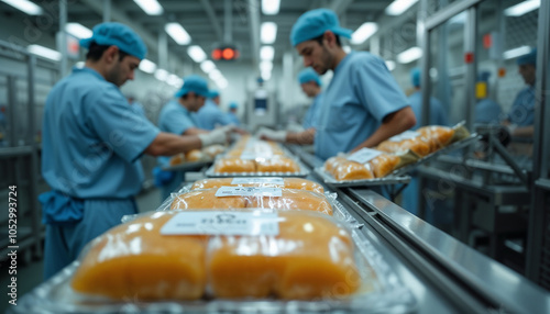 Industrial Food Processing Workers Preparing Ingredients in Modern Manufacturing Facility