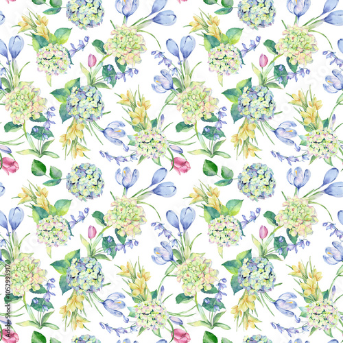 Watercolor seamless pattern with garden flowers: hydrangea, crocus, tulip and other flowers
