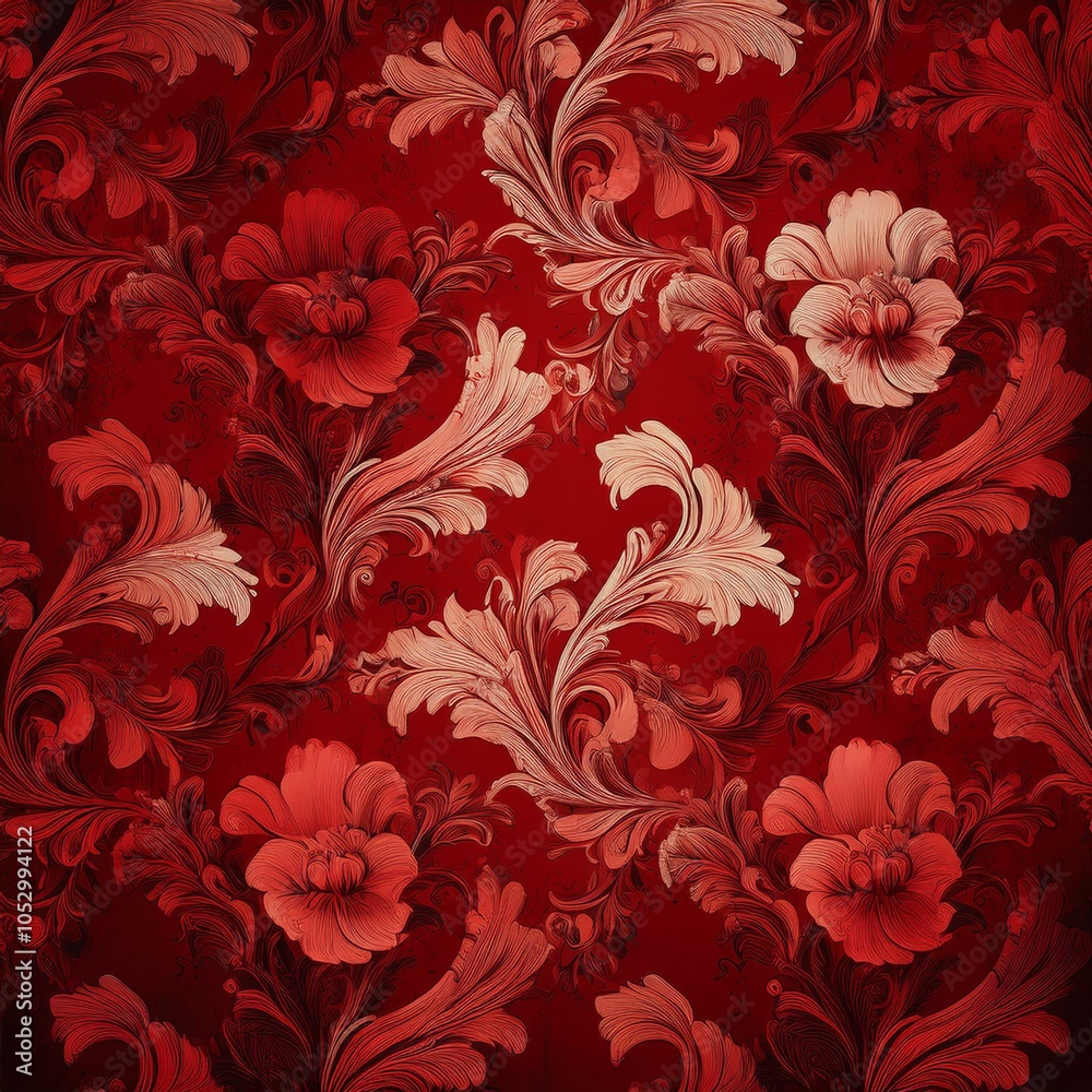 Fototapeta premium A rich red floral wallpaper pattern in a baroque Victorian style with grunge texture, ideal for creating an antique, luxurious ambiance.