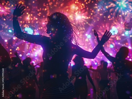 Craft an electrifying visual that highlights the energy and excitement of a music and dance festival Feature silhouettes of people dancing under 