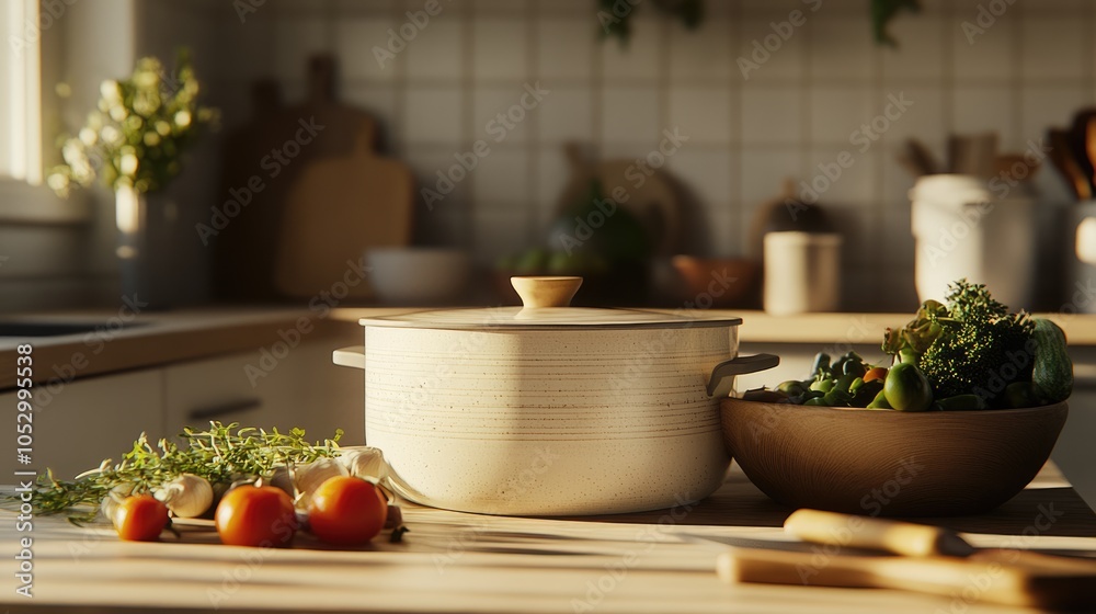 Fresh Ingredients and Cooking Utensils in Modern Kitchen Fresh Ingredients and Cooking Utensils in Modern Kitchen