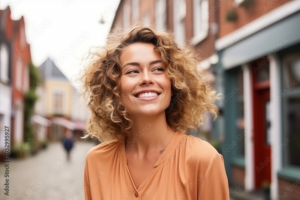 Portrait of a beautiful young woman with curly hair in the city Portrait of a beautiful young woman with curly hair in the city