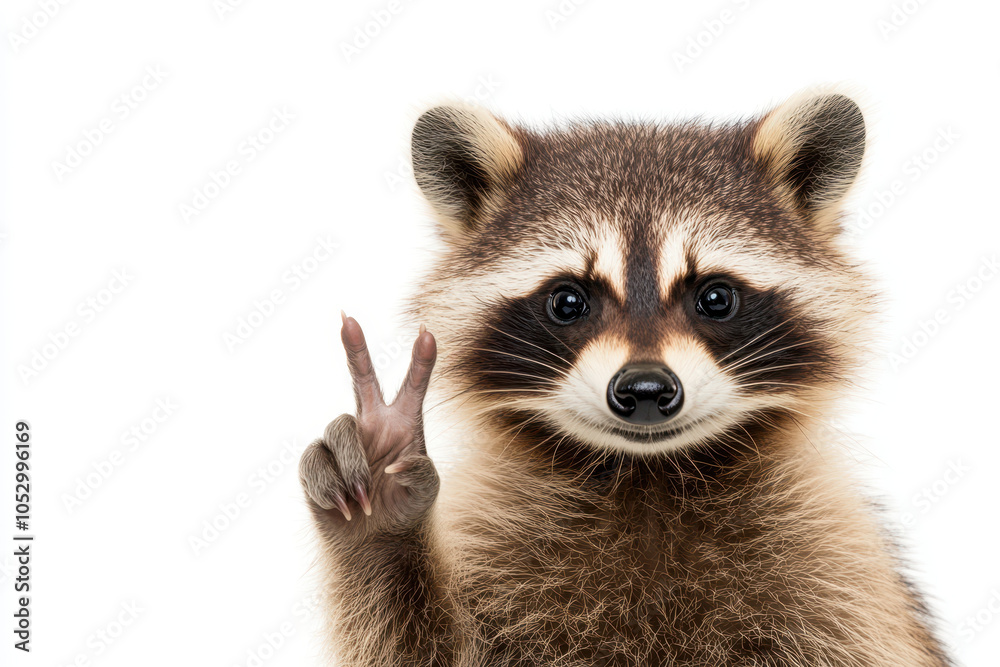 Cute raccoon with playful expression shows peace sign against white background, highlighting its fluffy fur and distinctive facial markings Cute raccoon with playful expression shows peace sign against white background, highlighting its fluffy fur and distinctive facial markings