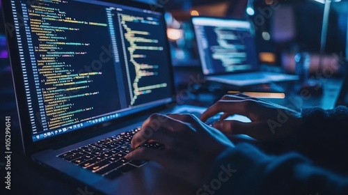 Closeup of Programmer s Hands Typing Code on Laptop photo