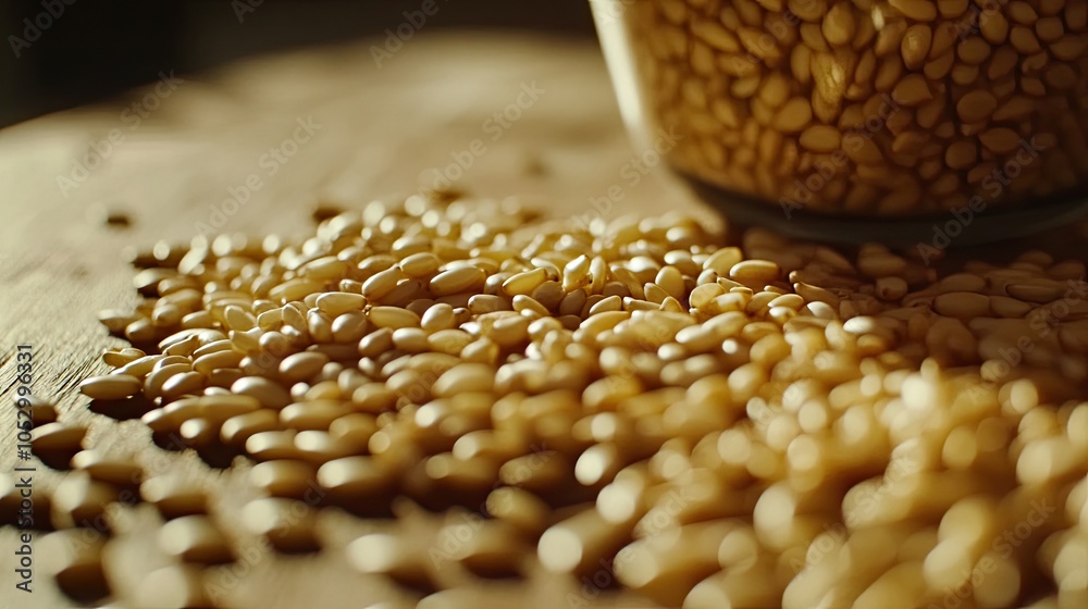 Obraz premium Pine Nuts Spilled on Wooden Surface in Soft Light