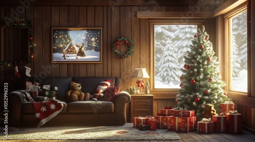 Wallpaper Mural A country living room decorated with Christmas decorations, with a Christmas tree, gift boxes, a bear, and light coming in through a window on the right. Torontodigital.ca