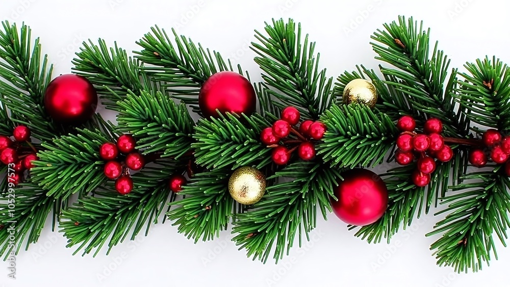 Festive holiday garland, evergreen, ornaments Festive holiday garland, evergreen, ornaments