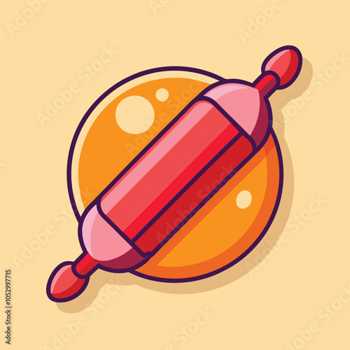 A cartoon illustration of a rolling pin and a circle of dough, perfect for baking.