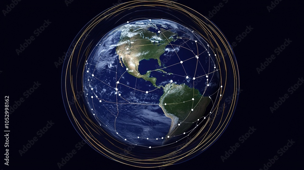 Global Network Connection with Gold Lines and Earth