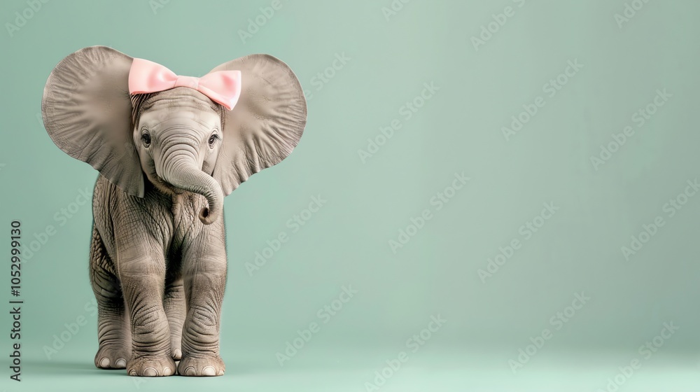 A baby elephant with a pink bow on its head is standing in front of a light green background. A baby elephant with a pink bow on its head is standing in front of a light green background.