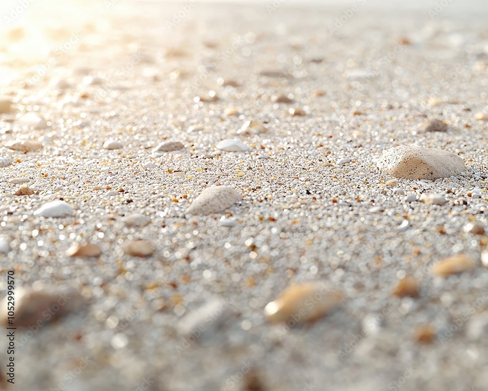 A close-up shot of sandy beach terrain, featuring scattered pebbles glistening in sunlight, creating a serene and natural ambiance. A close-up shot of sandy beach terrain, featuring scattered pebbles glistening in sunlight, creating a serene and natural ambiance.