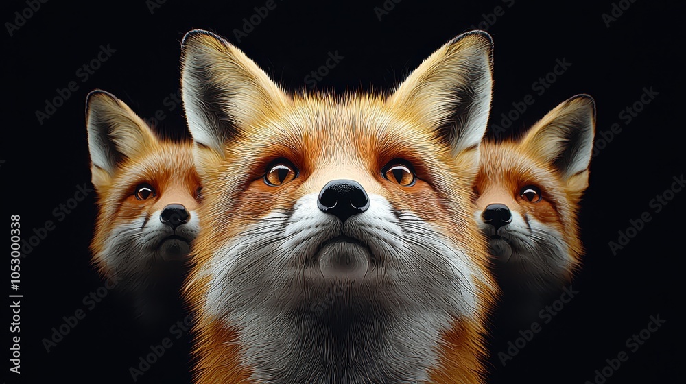 Fototapeta premium Majestic Trio of Red Foxes with Intense Gaze Against a Dark Background in Stunning Detail
