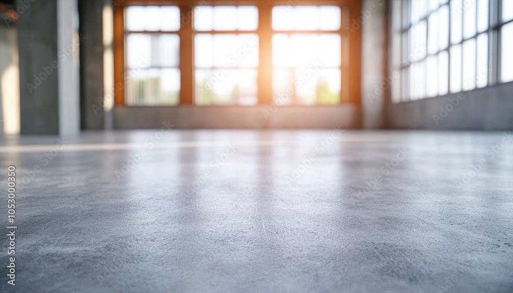 A bright, spacious room with large windows and a polished concrete floor, showcasing natural light and industrial design elements.