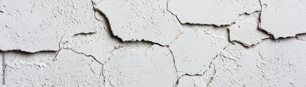 A close-up of cracked and peeling white plaster, showcasing a weathered, damaged surface with visible fissures and texture variations. A close-up of cracked and peeling white plaster, showcasing a weathered, damaged surface with visible fissures and texture variations.