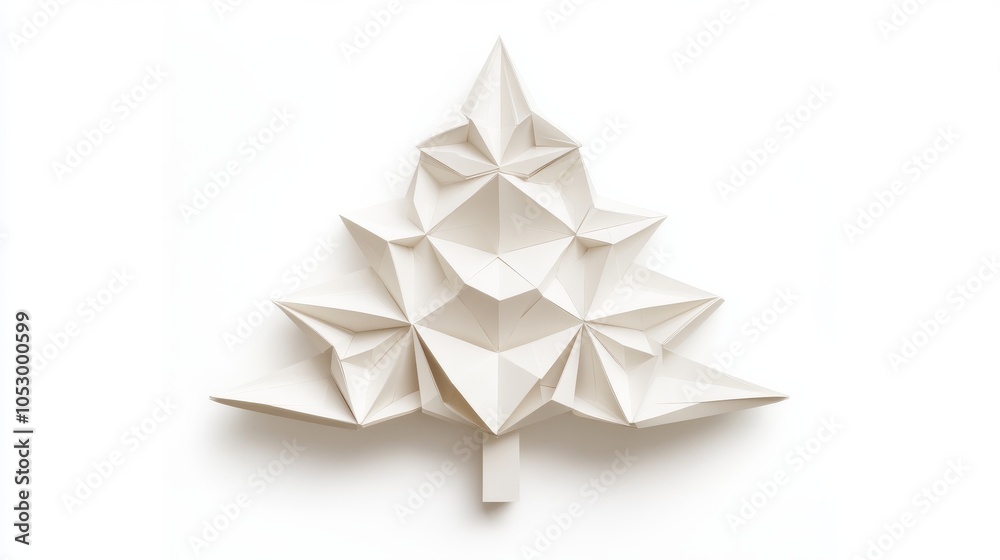 2410_091.geometric paper tree sculpture, triangular mosaic pattern, cream colored segments, clean white background, soft shadow detail, minimalist holiday art, architectural composition, modern 2410_091.geometric paper tree sculpture, triangular mosaic pattern, cream colored segments, clean white background, soft shadow detail, minimalist holiday art, architectural composition, modern