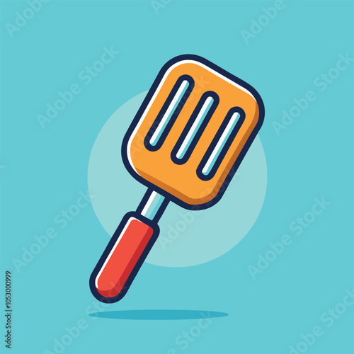 A colorful cartoon illustration of a spatula against a blue background.