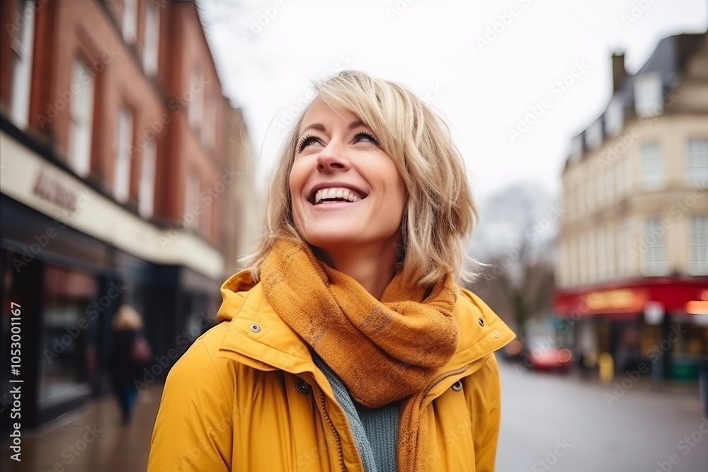 Outdoor portrait of a beautiful middle aged woman wearing yellow jacket and scarf Outdoor portrait of a beautiful middle aged woman wearing yellow jacket and scarf