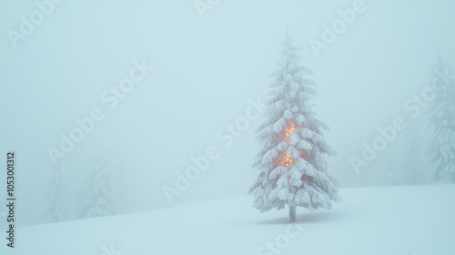 2410_020.solitary snow-frosted spruce, warm incandescent lights, seamless white environment, gentle snow shower, ultra-high-definition needles and bark, luminous holiday glow, peaceful winter