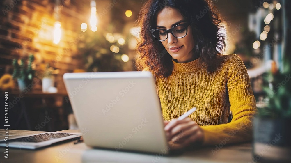 Woman Working on Laptop with Stylus Pen in Cozy Cafe