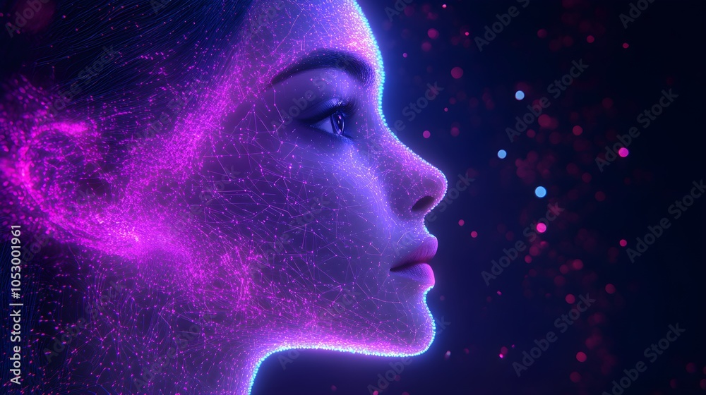 Female head with brain circuitry, holographic connections representing AI integration, glowing in purple and blue, Tech-futuristic, Neon, 3D, Futuristic design