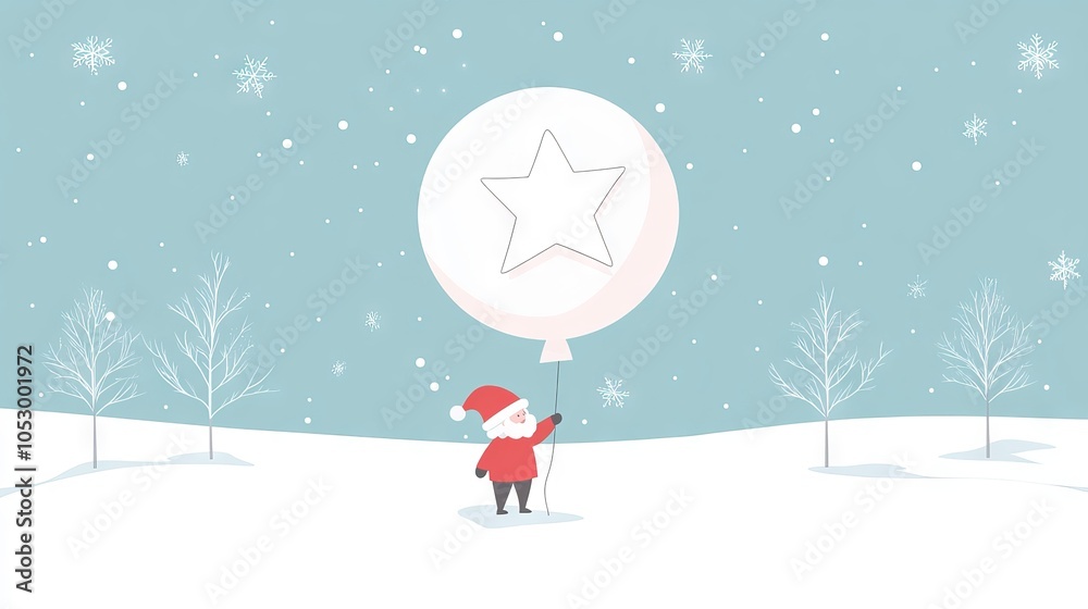 2410_081.whimsical winter illustration, tiny santa pulling large white star balloon, minimal snow-covered landscape, bare white trees, falling snowflakes, soft sage blue sky, flat vector style, 2410_081.whimsical winter illustration, tiny santa pulling large white star balloon, minimal snow-covered landscape, bare white trees, falling snowflakes, soft sage blue sky, flat vector style,