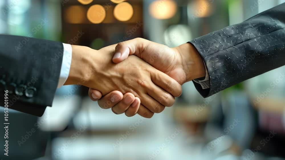 Two business professionals shake hands in an office setting during a successful meeting in 2023 Two business professionals shake hands in an office setting during a successful meeting in 2023