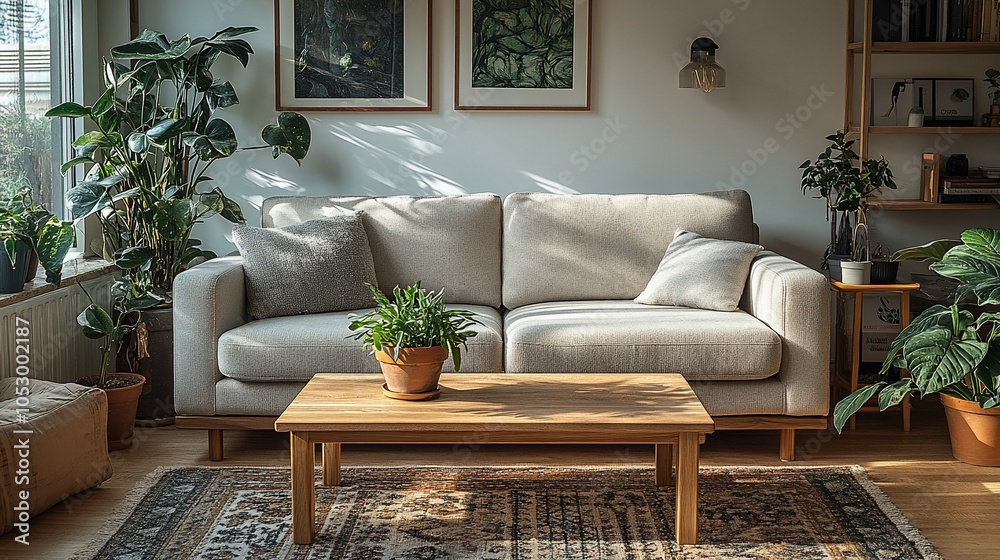 Fototapeta premium A living room with a white sofa, a coffee table, and several plants. The sun is shining through the window and casting light on the floor.
