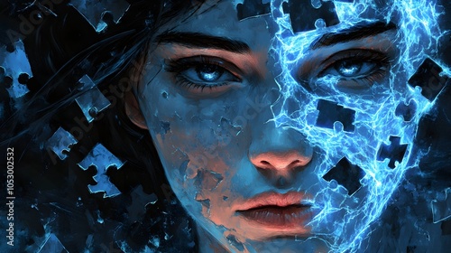 Fragmented female face with missing puzzle pieces, intricate neural network behind, glowing softly in neon blue, digital painting, symbolizing mind disintegration